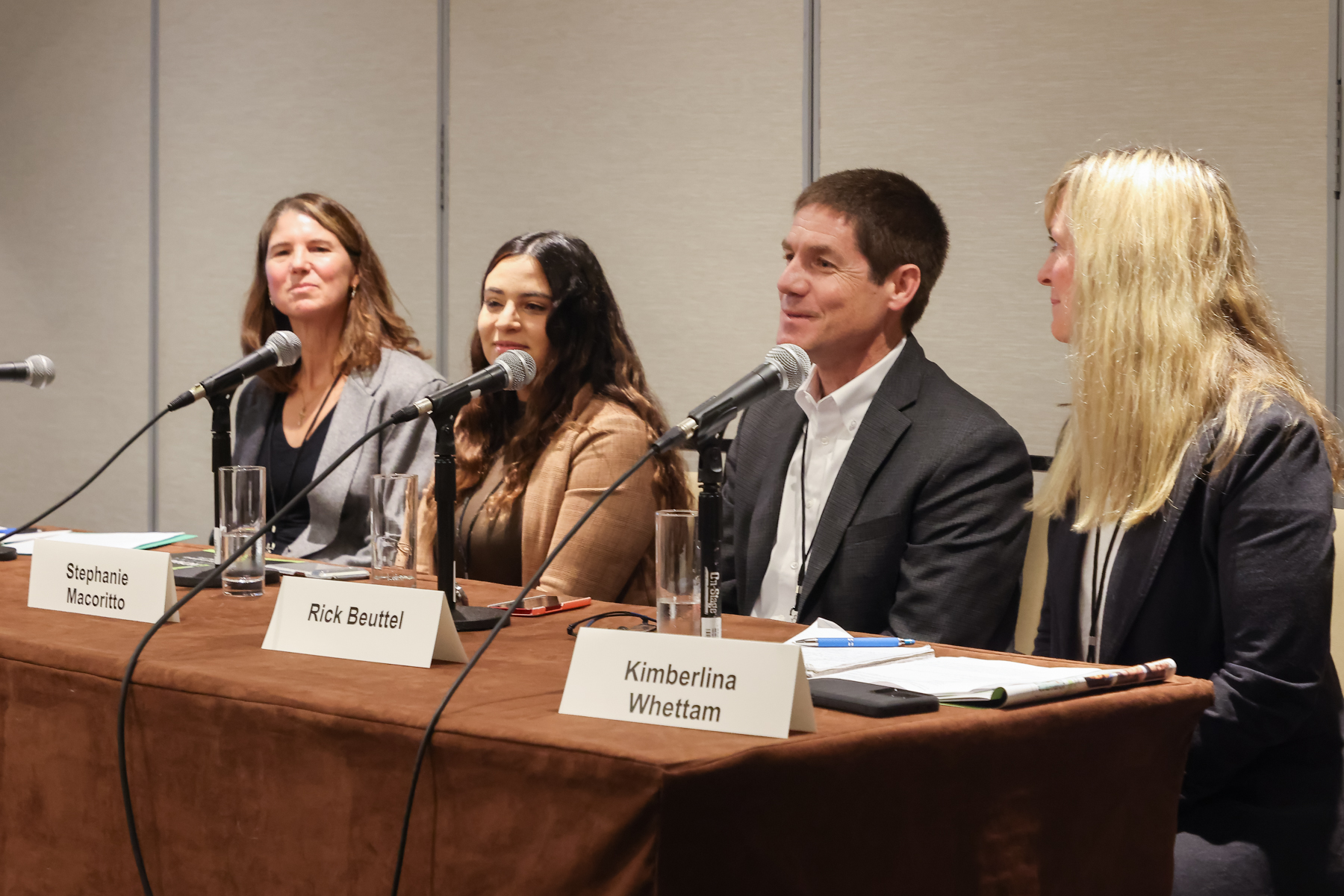 EcoEngineer's Tanya Peacok moderating a panl with LADWP's Stephanie Macoritto, Bloom Energy's Rick Beuttel, and KW&A's Kimberlina Whettam